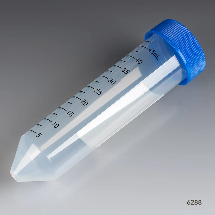 Centrifuge Tube, 50mL, Attached Blue Flat Top Screw Cap, PP, Printed Graduations, STERILE, Racked. 25/Rack, 20 Racks/Case